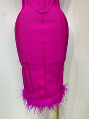 Luxury sleeveless feather backless midi dress with elegant bodycon fit for birthday or evening wear.