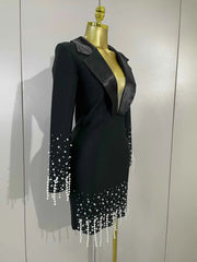 Eva Black V-Neck Pearl Beaded Long Sleeve Bodycon Bandage Dress