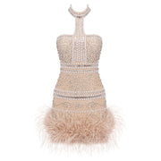 Beige feather pearl mini dress with halter neckline – homecoming, prom, birthday, cocktail, and evening party outfit.