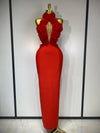 Alana Red Halter Hollow Out Flower Bodycon Bandage Dress with backless design, floral cutouts, and slim fit.
