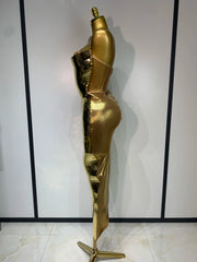 Vanessa luxury gold crystal strapless bodycon dress with shimmering sequins and elegant fit.