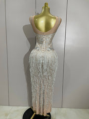Seraphina sparkly rhinestone tassel sleeveless long dress women elegant evening gown.