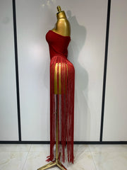 Kendra strapless tassel patchwork bandage bodysuit for women, sexy high street evening party and nightclub style outfit.