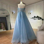 2025 Blue Mermaid Evening Gown with Gloves and Overskirt