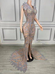 Zahra strapless diamond fishtail prom dress with high slit.