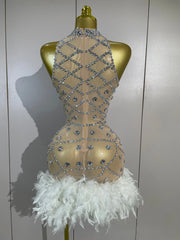 Belinda crystal embellished mini dress featuring feather accents and hollow-out details for a glamorous party look