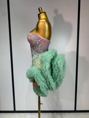 Gwen sexy strapless backless mesh dress with green diamond crystals