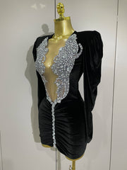 Taye black velvet short dress with sparkling crystals and mesh overlay for women’s evening, prom, or birthday parties.