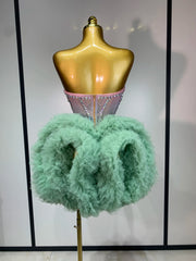 Gwen sexy strapless backless mesh dress with green diamond crystals