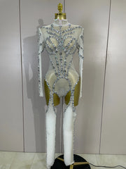 Grace sparkly diamond sequin long sleeve mesh see-through jumpsuit for nightclub and stage performance styling
