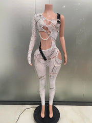 Patrice sexy pearl chain one shoulder hollow out jumpsuit women birthday party nightclub singer performance stage costume.