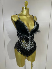 Claire rhinestone feather tassel mesh bodysuit for women. Sexy performance outfit for nightlife, dance, and stage events.