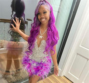 Sexy Purple Sparkly Diamonds Short Prom Dress Glitter Crystals Rhinestone Beading Feathers Graduation Birthday Cocktail Party