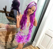 Sexy Purple Sparkly Diamonds Short Prom Dress Glitter Crystals Rhinestone Beading Feathers Graduation Birthday Cocktail Party