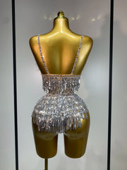Rhia sparkly rhinestone tassel feather see-through bodysuit for nightclub and stage performance styling