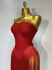 Kendra strapless tassel patchwork bandage bodysuit for women, sexy high street evening party and nightclub style outfit.