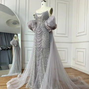 2025 Vintage Lilac Grey Evening Gown Half Puff Sleeve Dress  with Cape Jacket