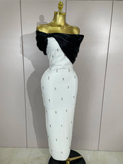 Samantha elegant sexy off shoulder ruched beaded patchwork bodycon long bandage dress for women party evening