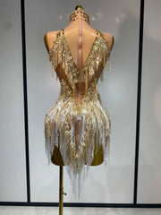 Mannequin Wearing a Luxury Rhinestone Tassel Sexy Sparkly Birthday Dress with Crystal Fringe and Bodycon Silhouette, Styled for Glamorous Celebrations