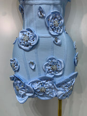 Zara square neck beaded bandage mini dress with rhinestone flower embellishment