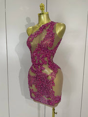 Kelly sexy one shoulder sparkly rhinestone mesh see through mini dress