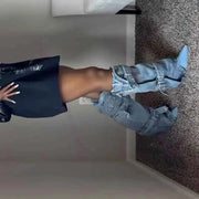 Blue Denim Strappy Knee High Pointed Toe Boots