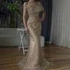 Champagne Radiance Crystal Mermaid Gown With Architectural Satin Drapery And Starburst Bodice