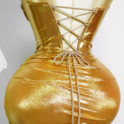 Jasmine 2-piece outfit featuring a gold glitter crystal top and matching mini skirt for drag queen performances and birthday events.