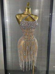 Carmen crystal diamond halter mesh evening gown for women. Sexy luxury dress for birthdays, nightclub, and stage events.