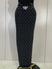 Joyce rhinestone pearl halter bandage maxi dress with backless bodycon silhouette