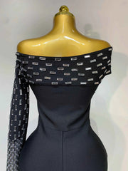 Coleen Sexy Off-shoulder Diamonds Black Maxi Long Bandage Dress