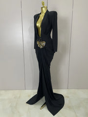 Deep V neck long sleeve bodycon maxi dress in a sleek, elegant style for evening and cocktail events