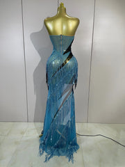 Railey sparkly diamond tassel side slit strapless mesh see-through long dress for nightclub and stage performance styling