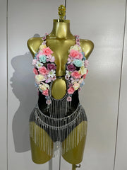 Clarice colorful floral diamond chain mesh bodysuit with luxury embellishments and fitted silhouette