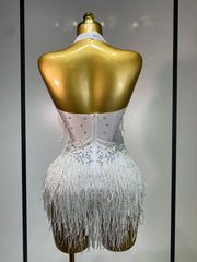 Danica sparkly rhinestones fringes leotard with tassel details for women.