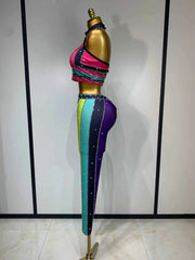 Pamela Sparkly Rhinestones Colorful Top and Pants Two-Piece Set
