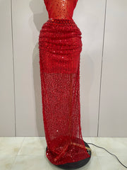 sparkly red rhinestone sequin 2-piece long dress, perfect for stage, birthday celebrations, and glamorous evening events.