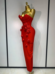 Kiara strapless backless red flower midi bandage dress – sexy elegant prom dress for women.