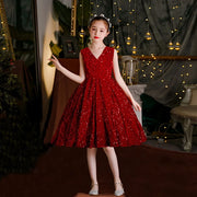 Wine Red Sequin Flower Girl Mermaid Dress: Long Puffy Formal