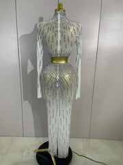 Ivy white rhinestone mesh two-piece long dress set with sparkling sheer detailing