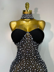 Rhinestone transparent mesh maxi dress with long elegant silhouette