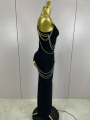 Helaena black chain spaghetti strap V-neck split bandage dress for date night and cocktail party styling