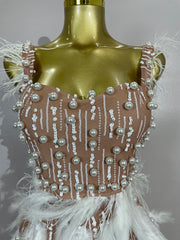 V neck mini bodycon dress with pearl beading and feather detailing