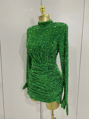 Ghee shiny green sequin long sleeve bodycon birthday dress with matching gloves for party and evening events