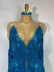 Carlene blue rhinestone tassel see through mesh birthday dress