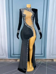 Monet elegant rhinestone high-split prom dress shimmering gown.