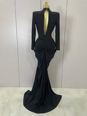 Deep V neck long sleeve bodycon maxi dress in a sleek, elegant style for evening and cocktail events