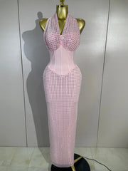 Jan halter bandage maxi dress featuring sheer mesh details and sparkling rhinestone embellishments