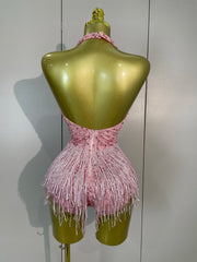 Tiana sparkly pink rhinestone pearl V-neck short mini dress – elegant party dress for women.