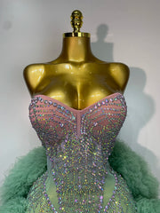Gwen sexy strapless backless mesh dress with green diamond crystals